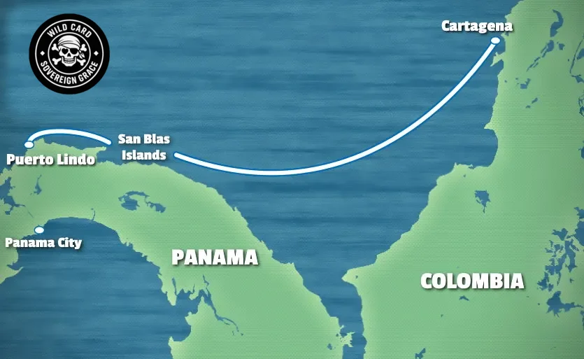 Map of the sailing route between Puerto Lindo, the San Blas Islands and Cartagena